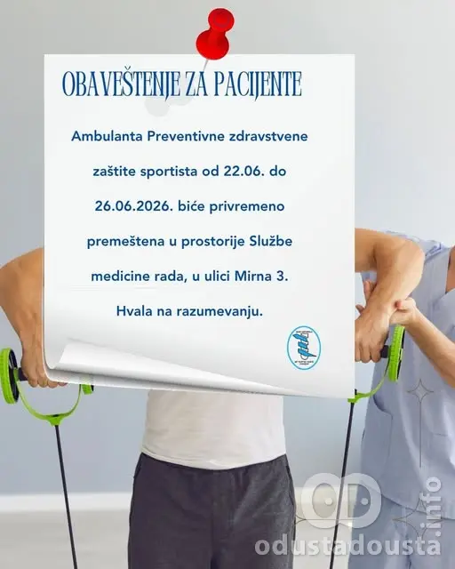 Važno obaveštenje za pacijente: Privremeno premeštena Ambulanta za zaštitu sportista
