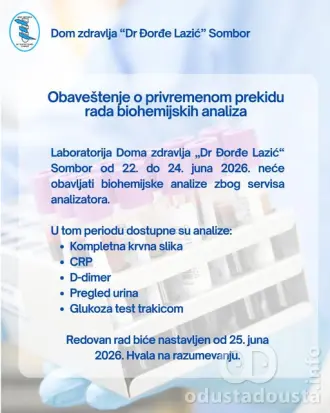 Privremeni prekid rada biohemijske laboratorije u Domu zdravlja u Somboru