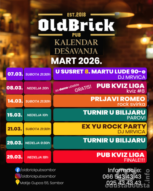 Old Brick Pub Sombor: Najavljen bogat martovski program dešavanja