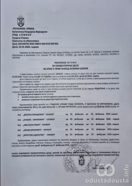 Evidentiranje dece za upis u prvi razred osnovne škole u Somboru 2026-2027