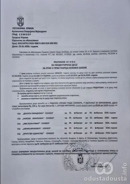 Evidentiranje dece za upis u prvi razred osnovne škole u Somboru 2026-2027