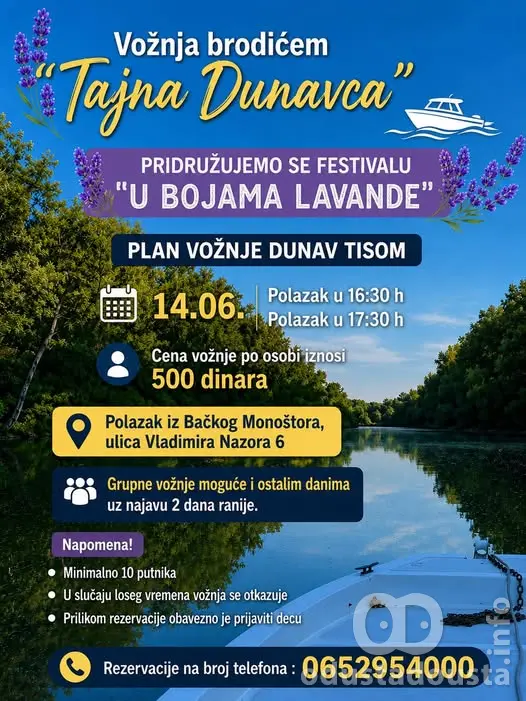 Vožnja brodićem „Tajna Dunavca“ u okviru festivala „U bojama lavande“ u Monoštoru