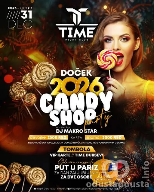 Doček 2026. godine u TIME Clubu Stapar – Candy Shop Party